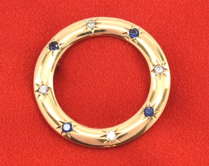 Estate Gemstone Brooch Vintage 14K Solid Yellow Gold Natural Diamonds Sapphires Circle Pin September Birthstone Holiday Gift