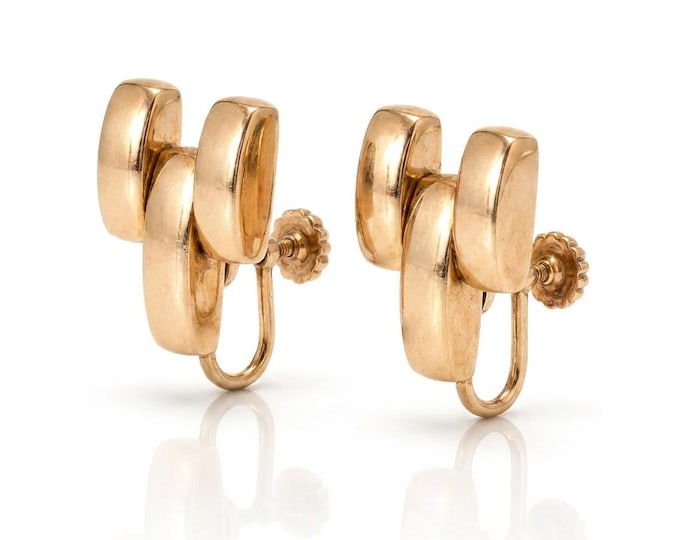Vintage 14K Gold Modernist Screw Back Mid Century Geometric Earrings