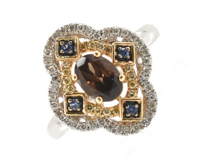 Estate Gemstone Ring Vintage 14K Solid White and Yellow Gold Natural Diamonds Smoky Quartz Blue Topaz 1.1 Carat Total Size 6.5 Valentine