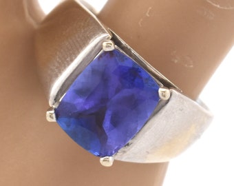 14K Solid White Gold Natural Blue Tourmaline Ring Rectangular Cushion Cut Over 2 Carats Vintage Estate Nearly 10 Grams Size 5.5 Gift