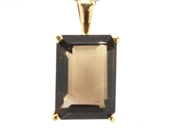 Estate Gemstone Pendant Vintage 14K Solid Yellow Gold Emerald Cut Smoky Quartz 14.52 Carats Holiday Gift