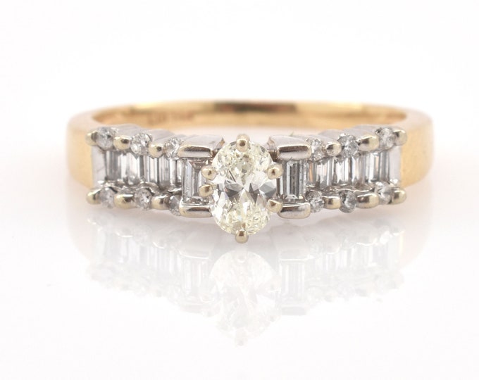14K Solid Yellow and White Gold Natural Diamonds Ring Oval Baguette Round Cut Nearly 4 Grams Nearly 1 Carat Total Size 8.5 Holiday Gift