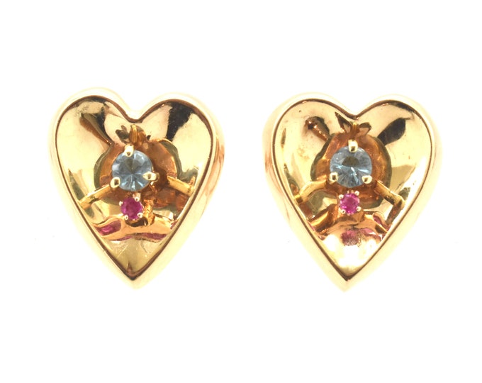 Estate Gemstone Earrings Vintage 14K Solid Yellow Gold Natural Rubies Blue Topaz Hearts 0.89 Carats Total Weight Holiday Gift