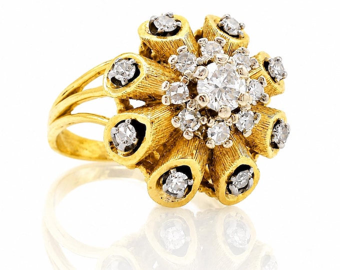 Vintage 1960s 14K Gold Diamond Starburst Cocktail Ring, 1.15 Carat, Size 6