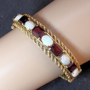 Estate Gemstone Bracelet Vintage 14K Solid Yellow Gold Garnets Opals Bangle Over 8 Carats Total Weight 7 Inches January October Birthstones
