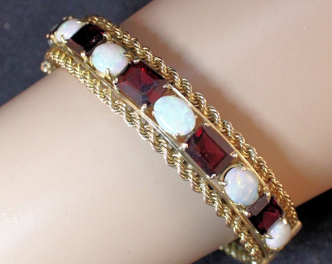 Estate Gemstone Bracelet Vintage 14K Solid Yellow Gold Garnets Opals Bangle Over 8 Carats Total Weight 7 Inches January October Birthstones