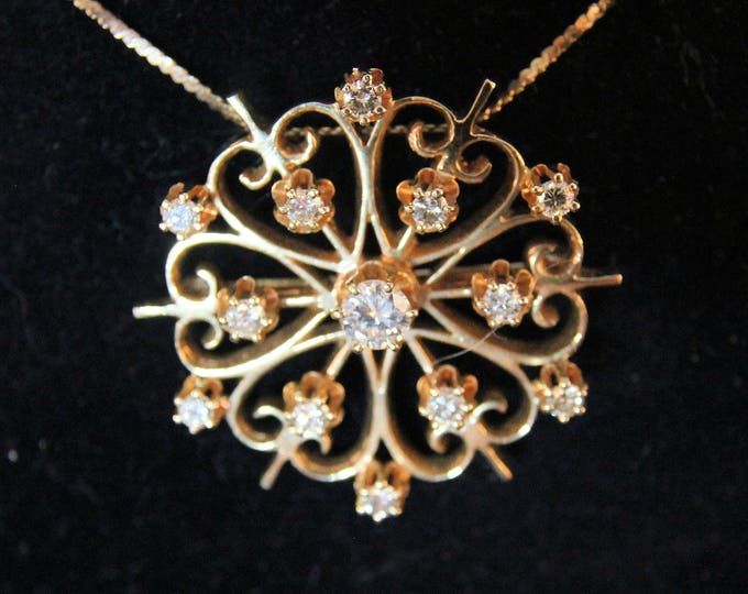 Estate 14K Solid Yellow Gold .87 Carats Total Weight CTW Genuine Diamonds Starburst Floral Pendant Brooch 8.73 Grams .37 Ct. Center Diamond