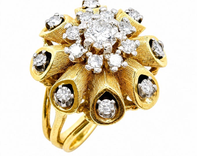 Vintage 1960s 14K Gold Diamond Starburst Cocktail Ring, 1.15 Carat, Size 6