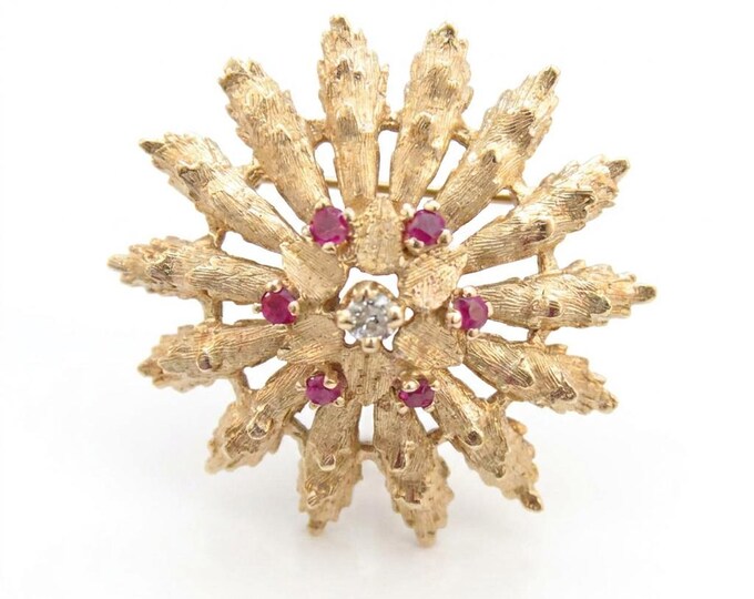 Estate 14K Yellow Gold Starburst Pendant Brooch with Diamond and Rubies