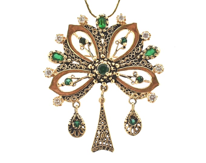 Estate Gemstone Pendant Vintage 14K Solid Yellow Gold Natural Emeralds Diamonds Brooch Nearly 2 Carats Total Weight Holiday Gift