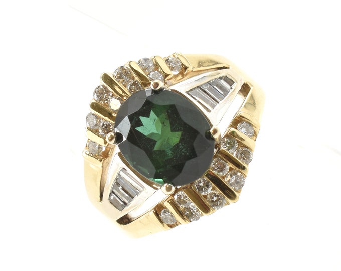 Estate Gemstone Ring Vintage 14K Solid Yellow Gold Natural Diamonds Green Tourmaline 3.58 Carats Size 5.25 Holiday Gift