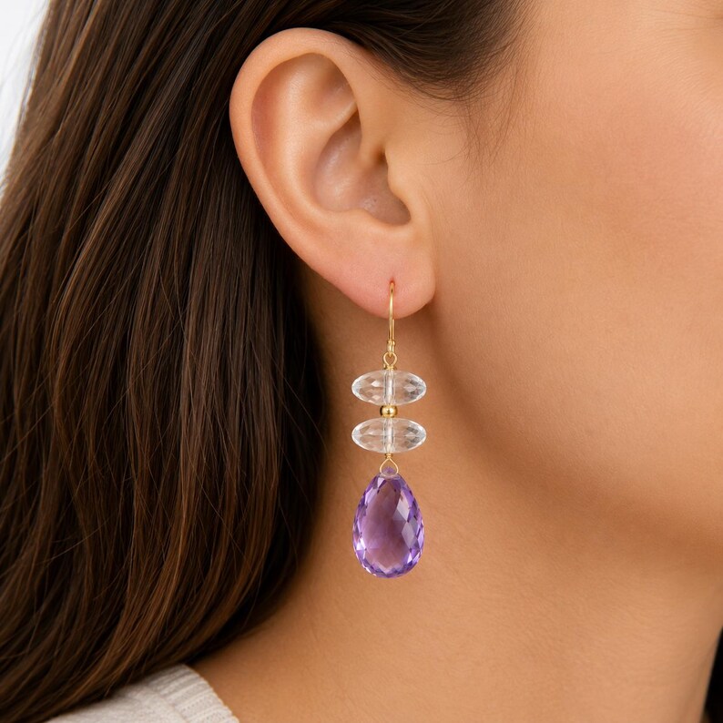 14K Gold Amethyst Quartz Dangle Earrings Boho Artisan Estate Jewelry Bild 2