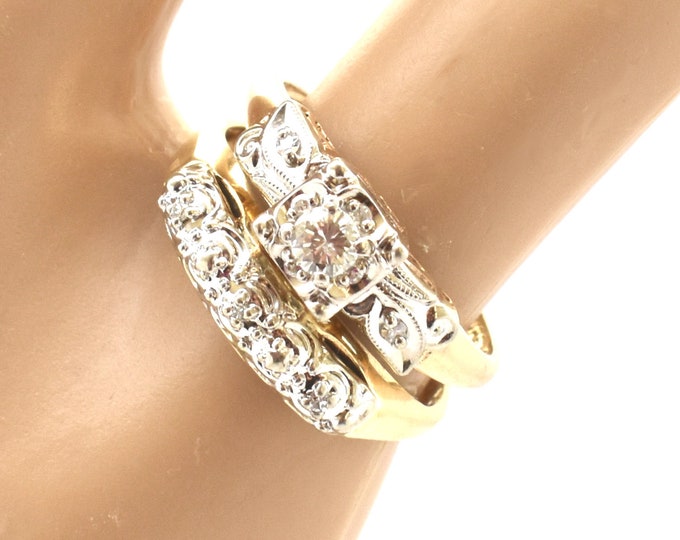 Estate 14K Solid Yellow Gold Natural Diamonds Rings Vintage Diamond Wedding Ring Bridal Set .188 Carats Total Weight Size 5 Mother's Day