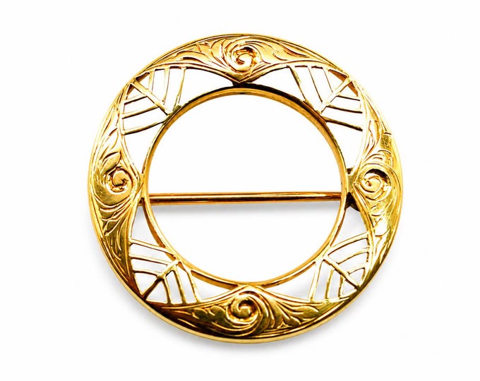 Antique Art Nouveau 14K Gold Openwork Circular Brooch Pin Estate Jewelry