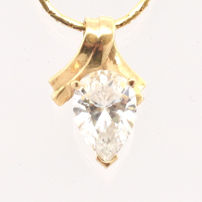 14K Solid Yellow Gold Cubic Zirconia Pendant Vintage Estate Nearly 3 Carats Pear Solitaire Nearly 2 Grams April Birthstone Wedding