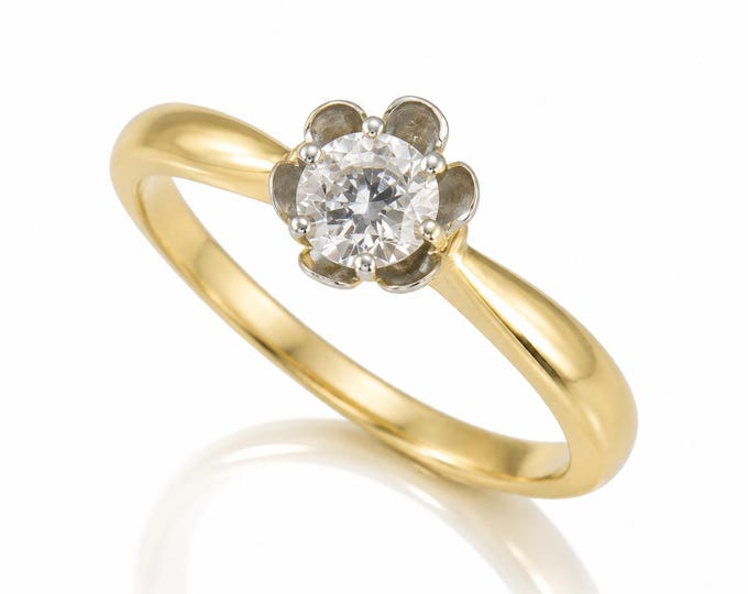 Vintage 14K Gold 0.25 Ct Natural Diamond Floral Solitaire Engagement Ring
