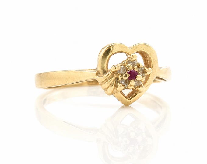 Vintage 14K Gold Heart Ring Ruby CZ Cluster Love Friendship Size 7