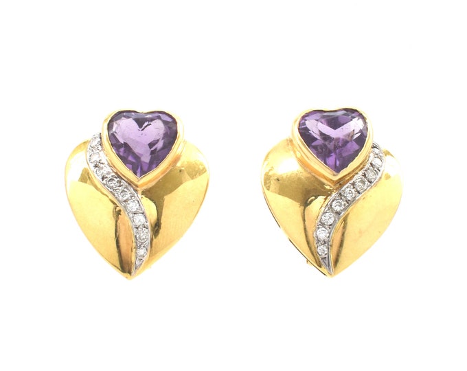 Estate Gemstone Earrings 14K Solid Yellow Gold Natural Diamonds Amethysts Over 5 Carats Vintage Heart Omega Back February Birthstone Gift