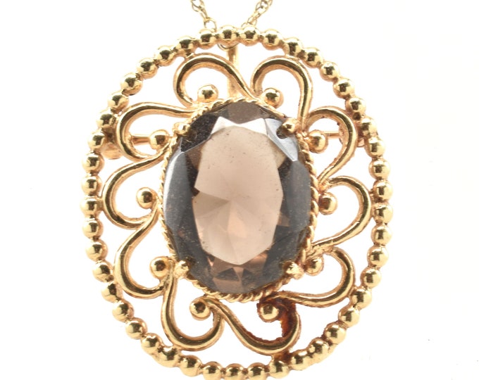 Estate Gemstone Pendant Vintage 14K Solid Yellow Gold Natural Smoky Quartz Brooch 7.9 Carats Holiday Gift