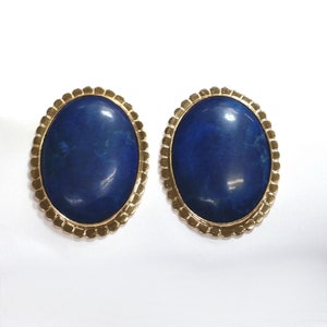 14K Solid Yellow Gold Natural Lapis Lazuli Earrings Clip On Bold Vintage Estate Pair 28 Carats Total Weight Over 22 Grams Holiday Gift