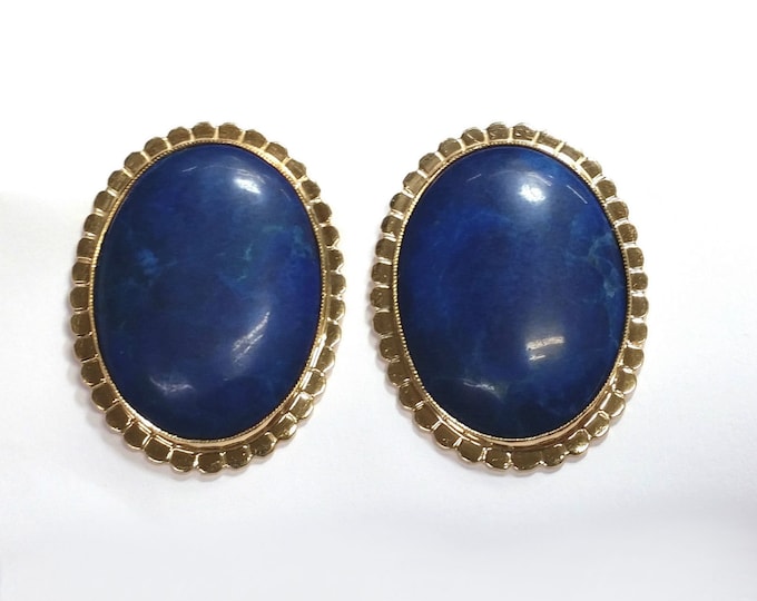 14K Solid Yellow Gold Natural Lapis Lazuli Earrings Clip On Bold Vintage Estate Pair 28 Carats Total Weight Over 22 Grams Holiday Gift