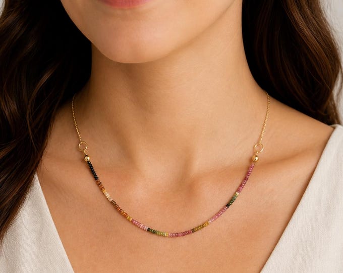 14K Gold Multi-Colored Tourmaline Beaded Necklace, 18" Vintage