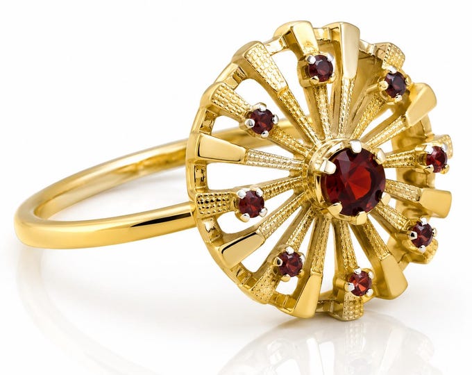Vintage 14K Garnet Sunburst Ring Mid Century Celestial Dome, Size 6.5