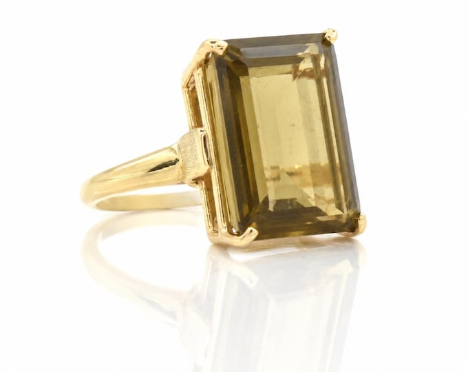 Estate Smoky Quartz Ring: 14K Solid Yellow Gold, Emerald Cut 11.5 Carats, Size 5.5