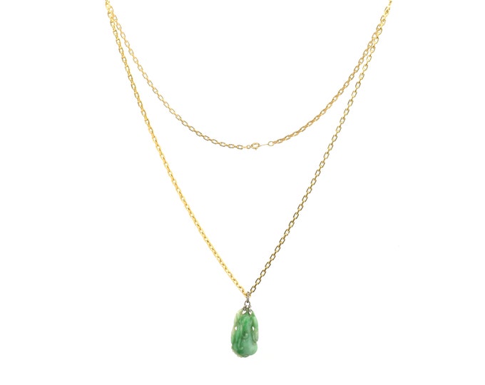 Estate Jade Necklace Vintage 1/20 12K Yellow Gold Filled 24.5 Inch Chain Carved Natural Jade Pendant Holiday Gift