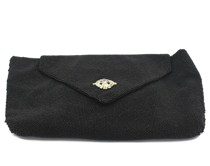 Vintage Black Clutch Beaded Rhinestone Envelope Evening Bag Wrist Strap Wristlet Made in FranceHoliday Gift