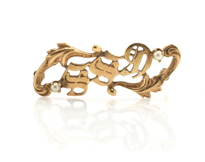 Estate Monogram Pin Vintage 14K Solid Yellow Gold Natural Pearl Brooch SSD Initials Holiday Gift
