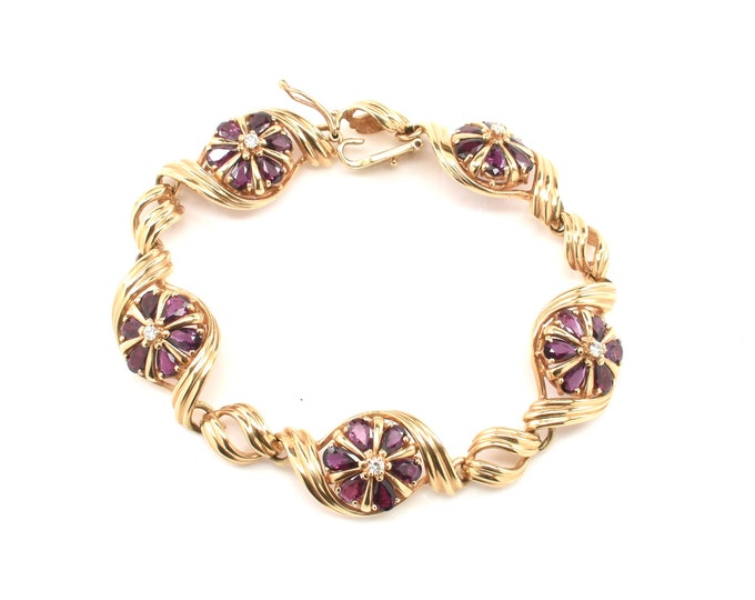 Vintage 14K Gold Bracelet: Purple Topaz & Diamond, 7 Inch