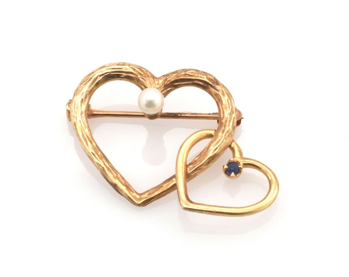 Estate Double Heart Brooch 14K Solid Yellow Gold Natural Sapphire Pearl September June Birthstone Linked Hearts Pin Holiday Gift