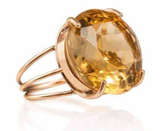 Vintage 14K Gold 39 Carat Deep Golden Citrine Statement Cocktail Ring