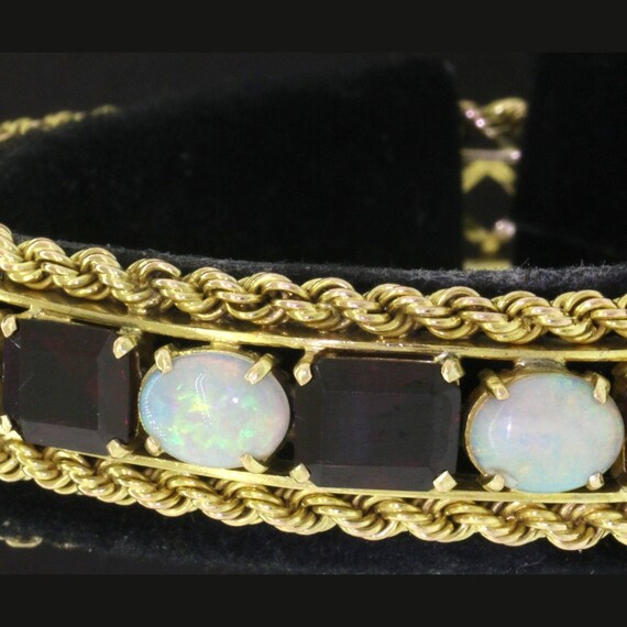 Estate 14K Yellow Gold Garnets Opals Bangle Brace… - image 6