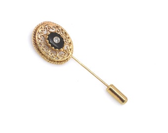 Estate Gemstone Pin Vintage 14K Solid Yellow Gold Natural Diamond Onyx Stick Pin Cravat Pin Hat Pin Holiday Gift