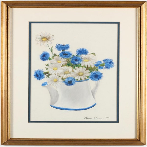 Estate Floral Pastel Vintage 1972 Framed Still Life Blue & White Flowers in a Watering Can Signed Lura Owen (NC, 1929-2016) Holiday Gift