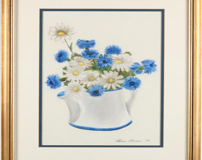 Estate Floral Pastel Vintage 1972 Framed Still Life Blue & White Flowers in a Watering Can Signed Lura Owen (NC, 1929-2016) Holiday Gift