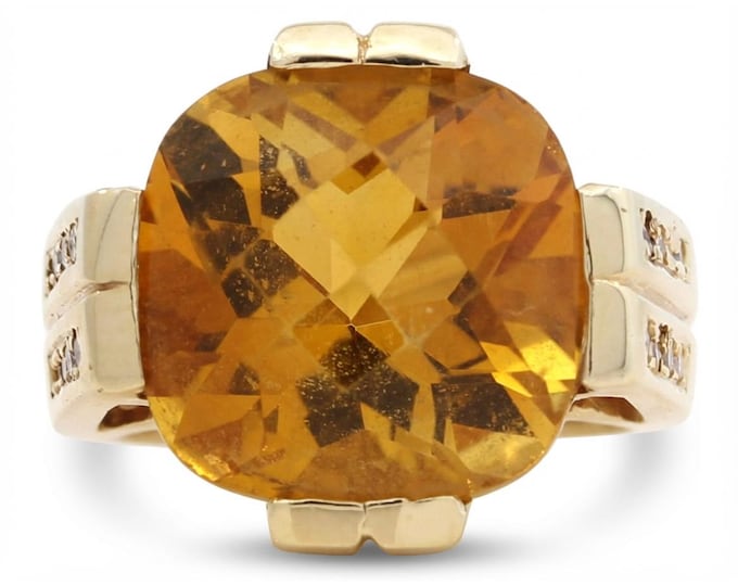 Estate 14K Yellow Gold Citrine Ring with Diamonds, Size 5.25