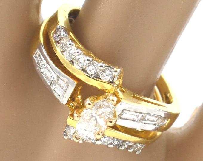 14K Solid Yellow Gold Natural Diamonds Gift Ring Bridal Set Nearly 1 Carat Total Weight Over 6 Grams Size 6 Marquise Round Baguette Cut