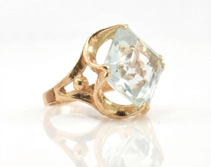 Vintage Princess-Cut White Topaz Ring, 14K Yellow Gold Estate Jewelry