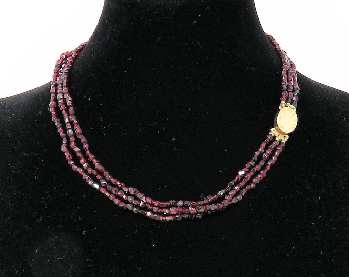 Estate Garnet Necklace Vintage 14K Solid Yellow Natural Garnets Choker 3 Strands 14 Inches Long January Birthstone Holiday Gift