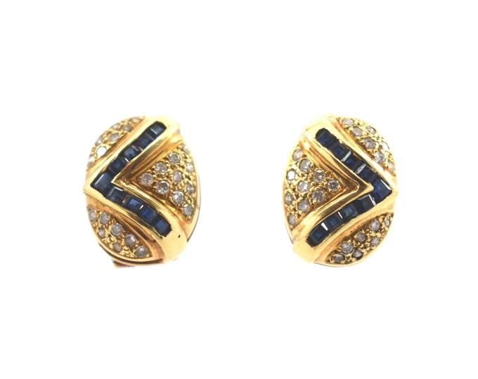 Estate Gemstone Earrings Vintage 14K Solid Yellow Gold Natural Diamonds Blue Sapphires Omega Clasps September Birthstone Holiday Gift