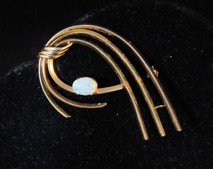 Vintage Estate 14K Yellow Gold Oval Cabochon Opal Pin Brooch .63 Carats 6.7 Grams Signed CA Carl-Art October Birthstone Holiday Gift