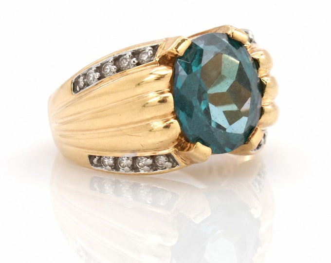 Vintage Teal Topaz Ring, 14K Yellow Gold, Diamond Accents, Size 7.5
