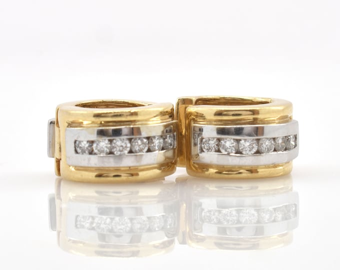14K Solid Yellow and White Gold Natural Diamonds Earrings Huggy Hoop Vintage Estate Nearly Half Carat Total Nearly 15 Grams Holiday Gift