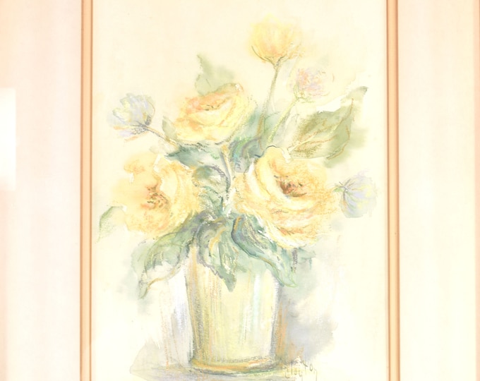 Estate Framed Painting Vintage Watercolor and Pastel by Clara Zimmerman Clayton Yellow Roses Matted Under Glass Wood Frame Holiday Gift