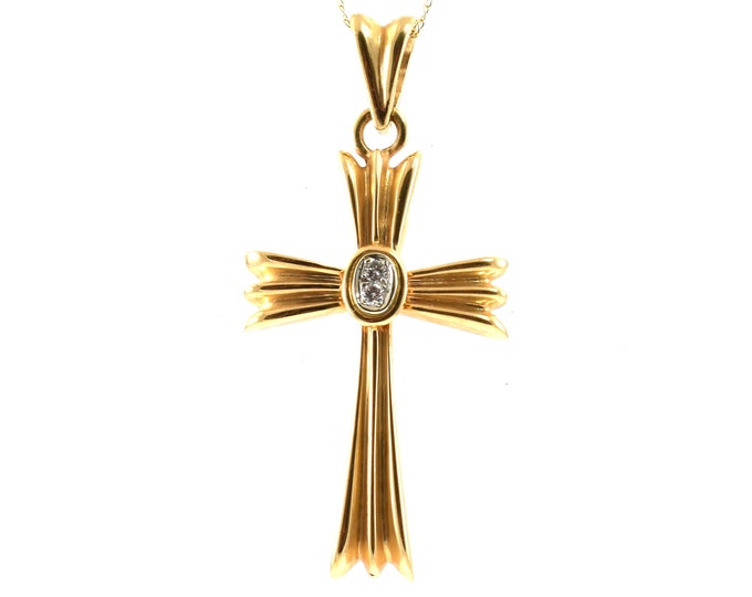 14K Solid Yellow Gold Natural Diamonds Pendant Vintage Estate Christian Cross Charm Over 8 Grams 6 Points Total Weight Holiday Gift