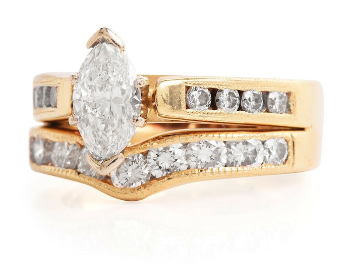 Estate Marquise Diamond Ring Set, 14K Yellow Gold Wedding Band (Size 6.5)