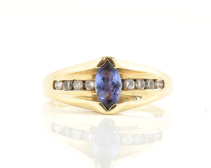 Estate Gemstone Ring Vintage 14K Solid Yellow Gold Natural Diamonds Blue Stone 1.6 Carats Size 8.5 Holiday Gift